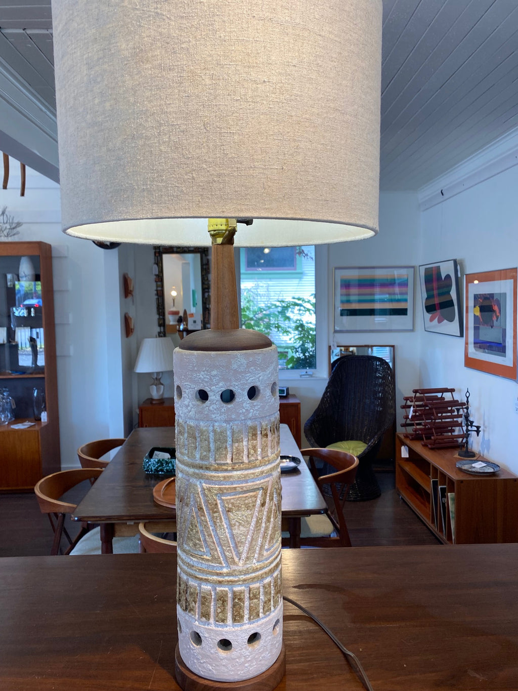 Mid-century Italian ceramic table lamp. Foam glaze with stunning jade coloured glaze highlighting architectural and abstract designs. Attributed to Bitossi- Cook Street Vintage