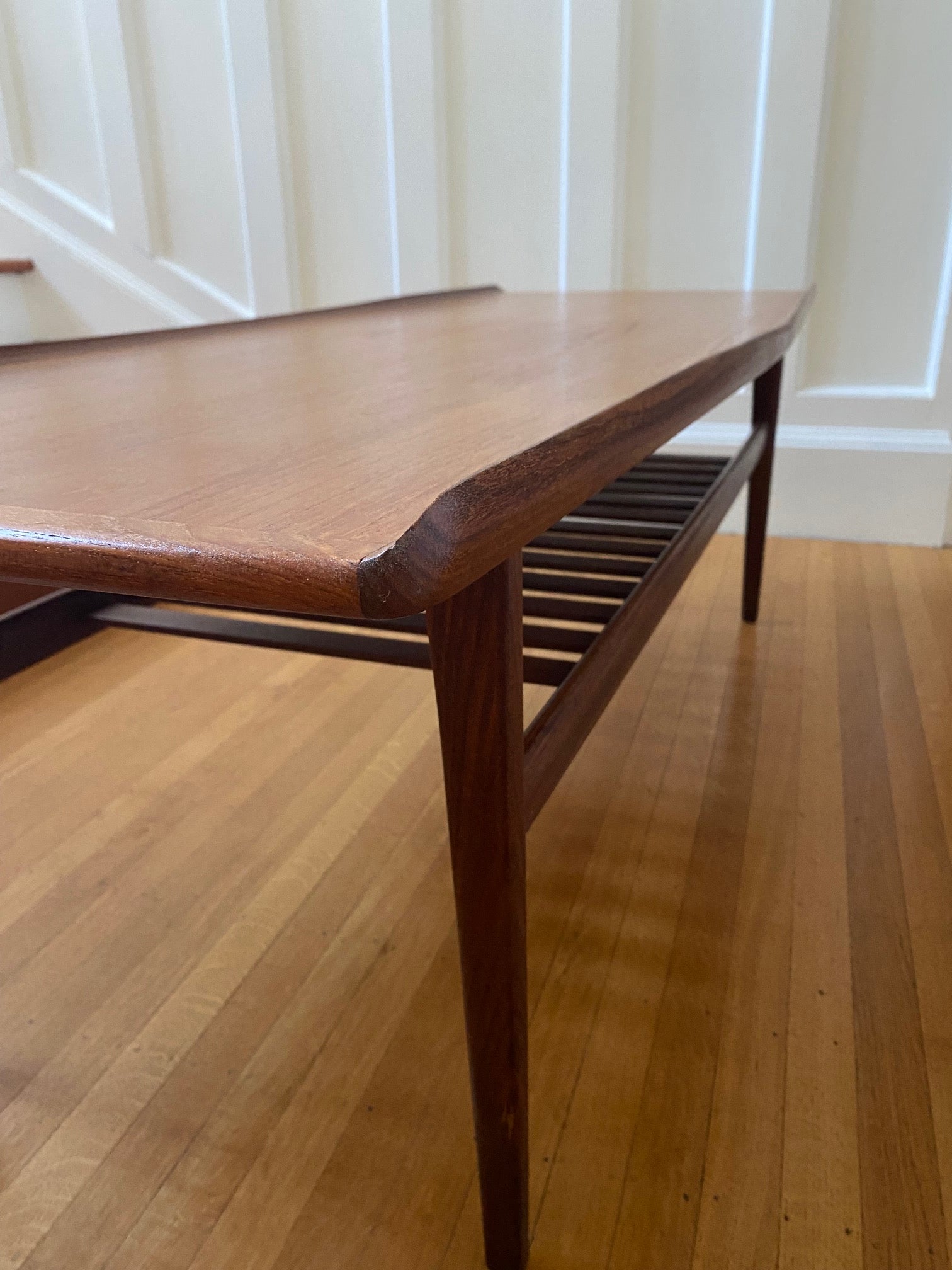 Two tier vintage MCM coffee table with second shelf with slats- Cook Street Vintage