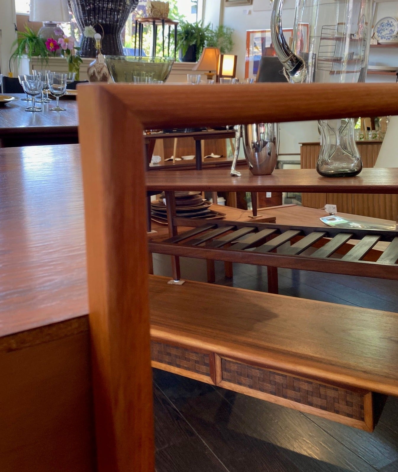detail of teak frame of teak mirror-Cook Street Vintage