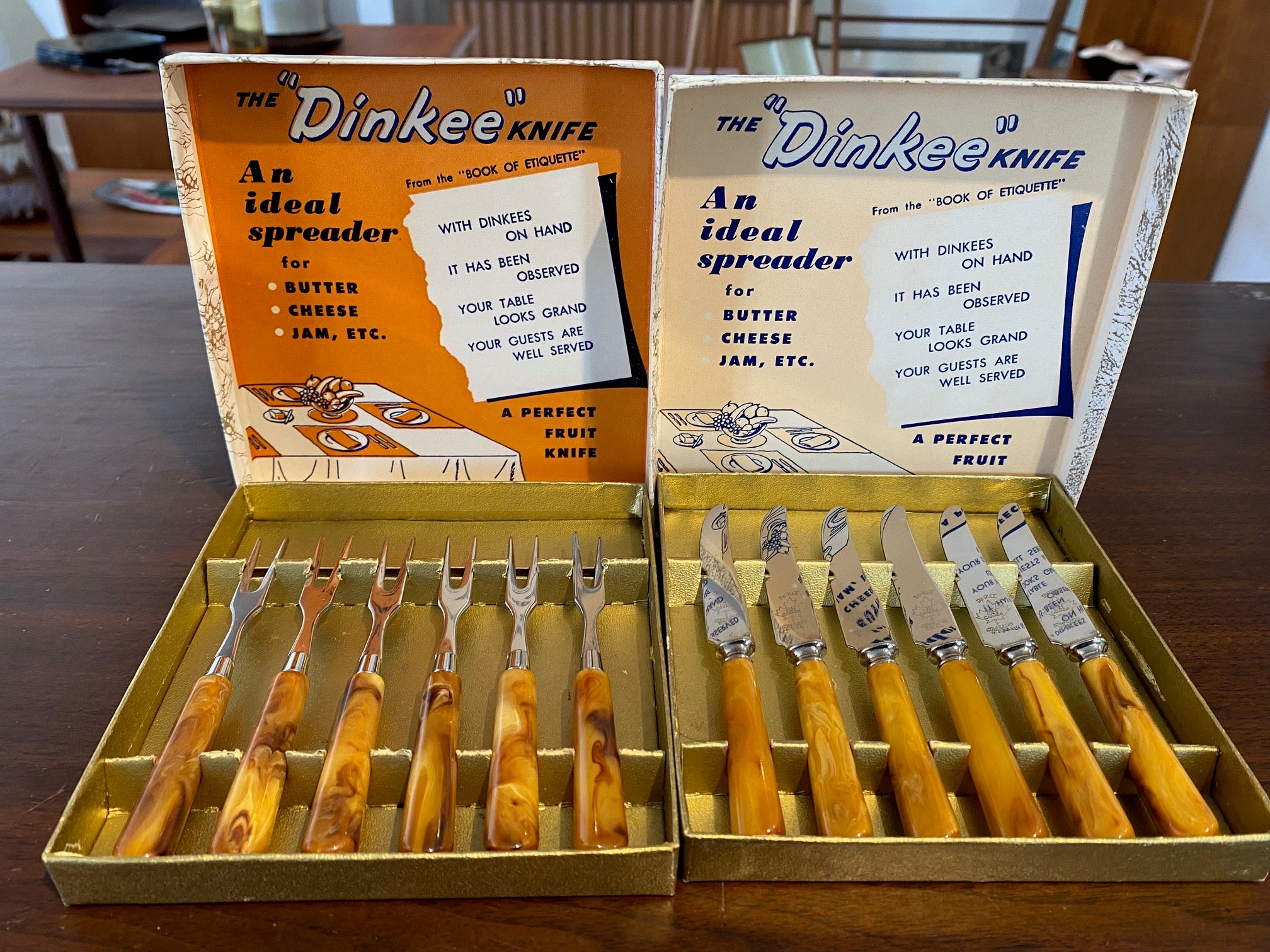 Set of 6 "Dinkee" Cheese knives and pickle forks, both with Bakelite Handles- Cook Street Vintage