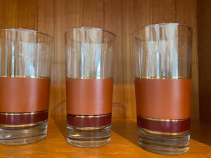A handsome set of 1970s tan, burgnady and gold striped "Brandywine" MCM tumblers by Libby- Cook Street Vintage