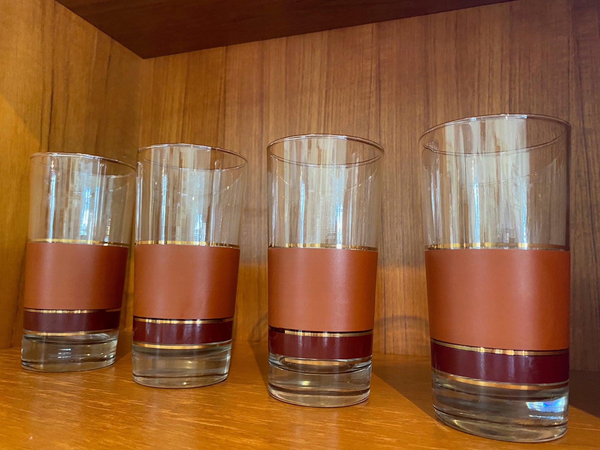 A handsome set of 1970s tan, burgnady and gold striped "Brandywine" tumblers by Libby- Cook Street Vintage