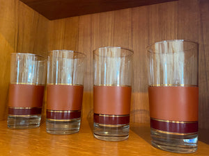A handsome set of 1970s tan, burgnady and gold striped "Brandywine" tumblers by Libby- Cook Street Vintage