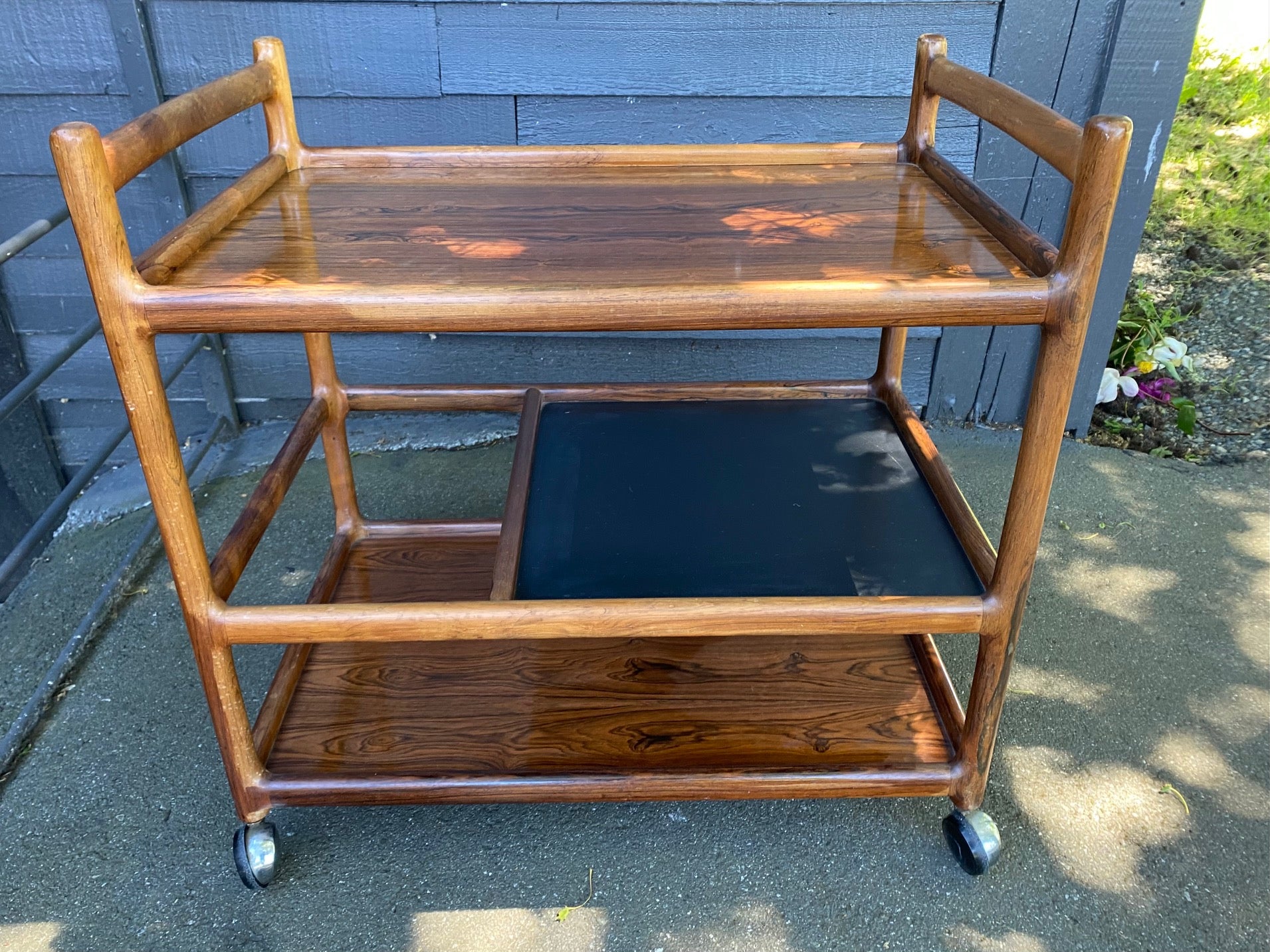Danish modern teak bar cart designed by Henning Korch for C.F. Christiansen, Silkeborg. Three level rosewood trolly with carved bamboo design- Cook Street Vintage