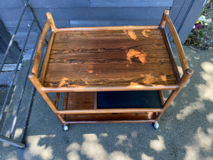 Danish modern teak bar cart designed by Henning Korch for C.F. Christiansen, Silkeborg. Three level rosewood trolly with carved bamboo design- Cook Street Vintage