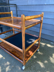 Danish modern teak bar cart designed by Henning Korch for C.F. Christiansen, Silkeborg. Three level rosewood trolly with carved bamboo design- Cook Street Vintage