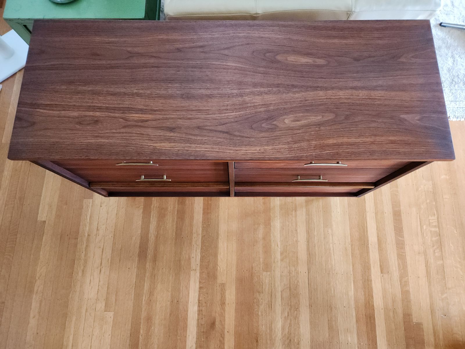 Top view showing walnut wood grain of MCM Vintage 6 Drawer Walnut Dresser- Cook Street Vintage