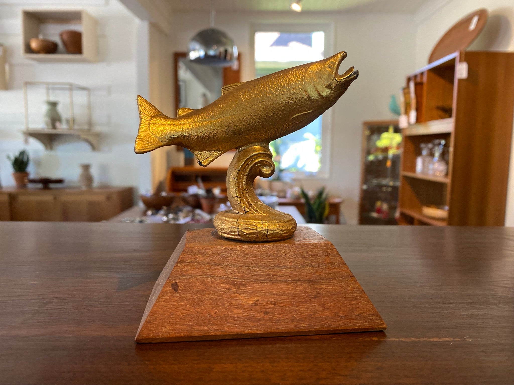 Vintage fish trophy on wood base- Cook Street Vintage