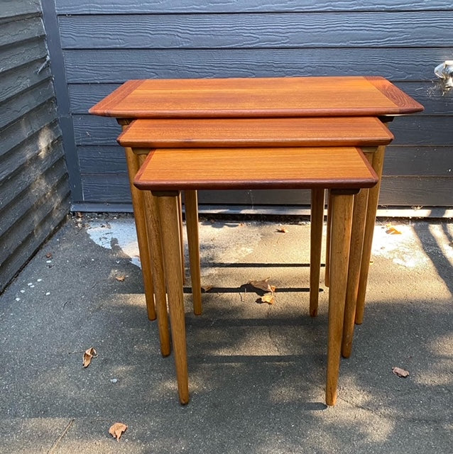 ﻿Wonderful set of 3 newly restored teak nesting tables with beech legs- Cook Street Vintage