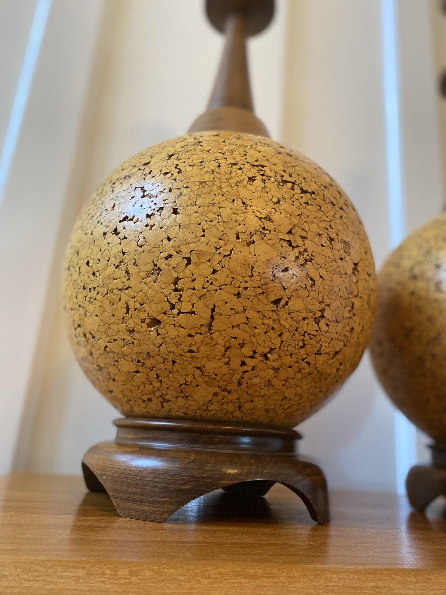 Close up of cork on vintage cork and walnut table lamp- Cook Street Vintage