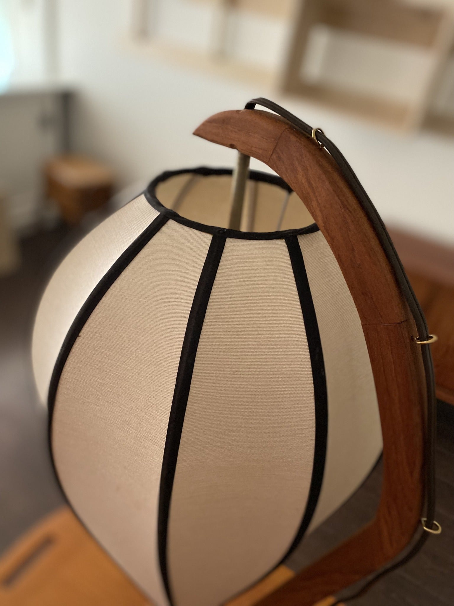Top view of shade and teak of Wasp Nest Teak Lamp- Cook Street Vintage