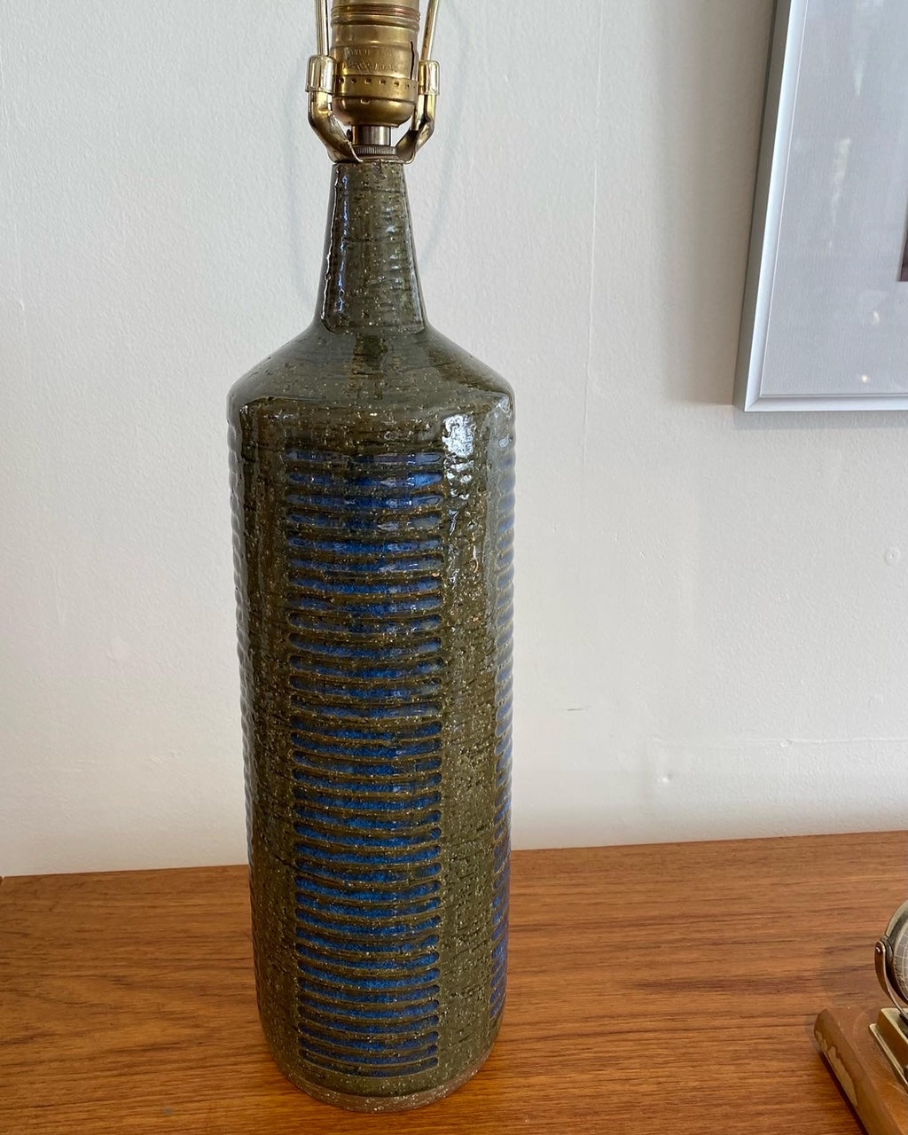 Beautiful 1960s Palshus chamotte ceramic lamp with signature geometric pattern in olive and blue glaze. Design by Per and Annalise Linnemann-Schmidt. Made in Denmark -Cook Street Vintage