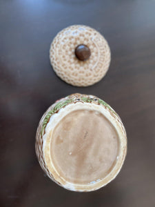 Bottom of basketweave cookie jar with deer with Japan marking- Cook Street Vintage
