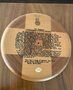 Reverse side of red cedar tray with dogwoods outlining story of dogwood in British Columbia-Cook Street Vintage