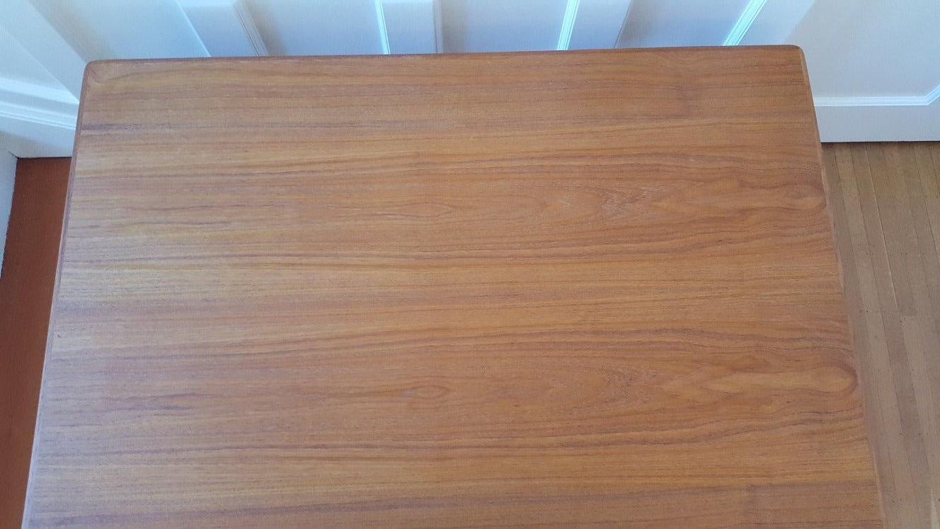 Birds eye view of midcentury Vejle & Mobelfabrik extending teak dining table- Cook Street Vintage