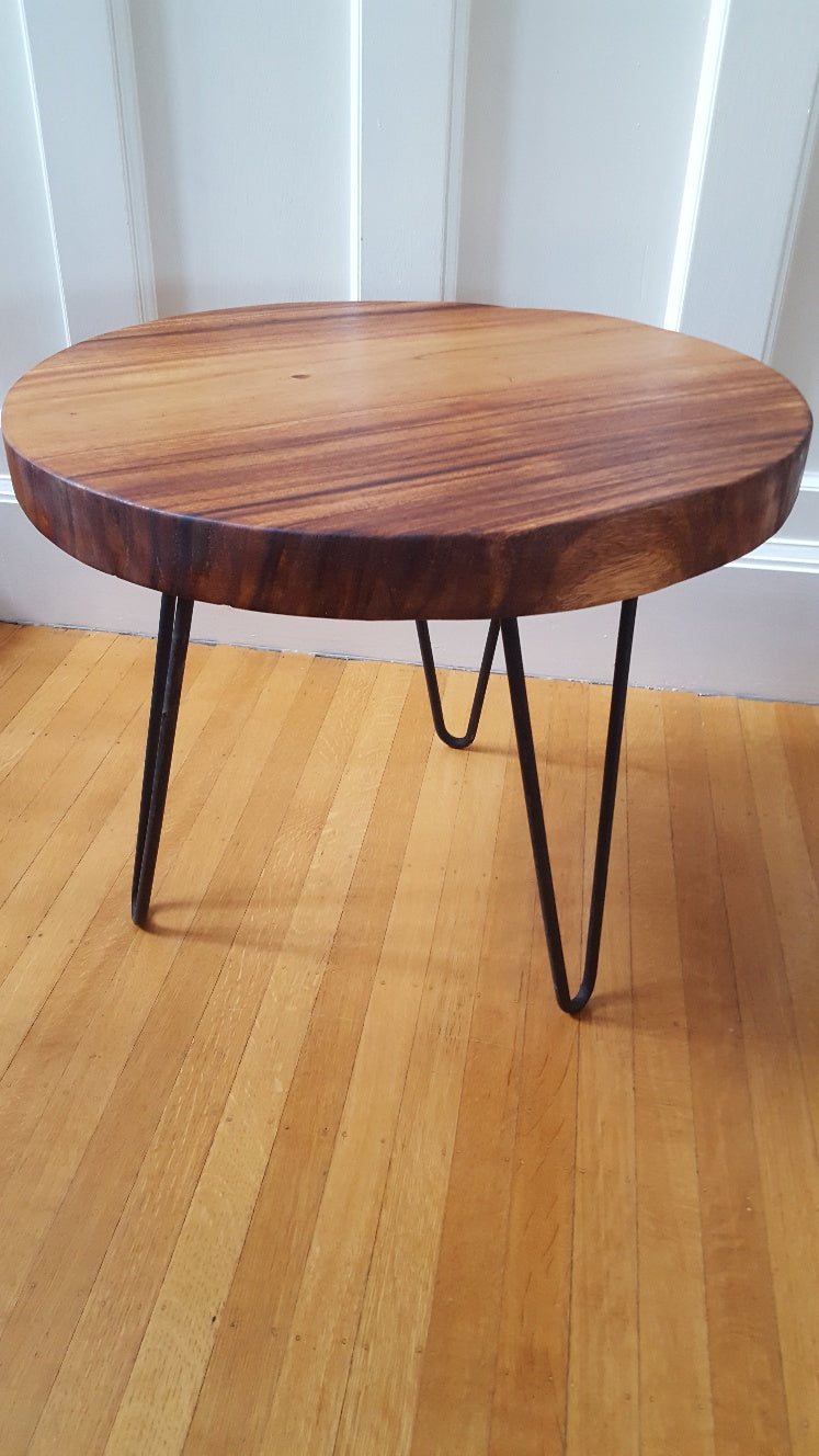 Round teak table with metal hairpin legs -Cook Street Vintage