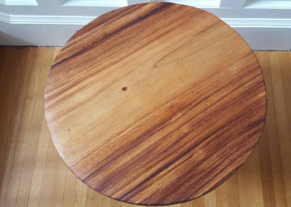 Birds eye view of round teak table with hairpin legs-Cook Street VIntage