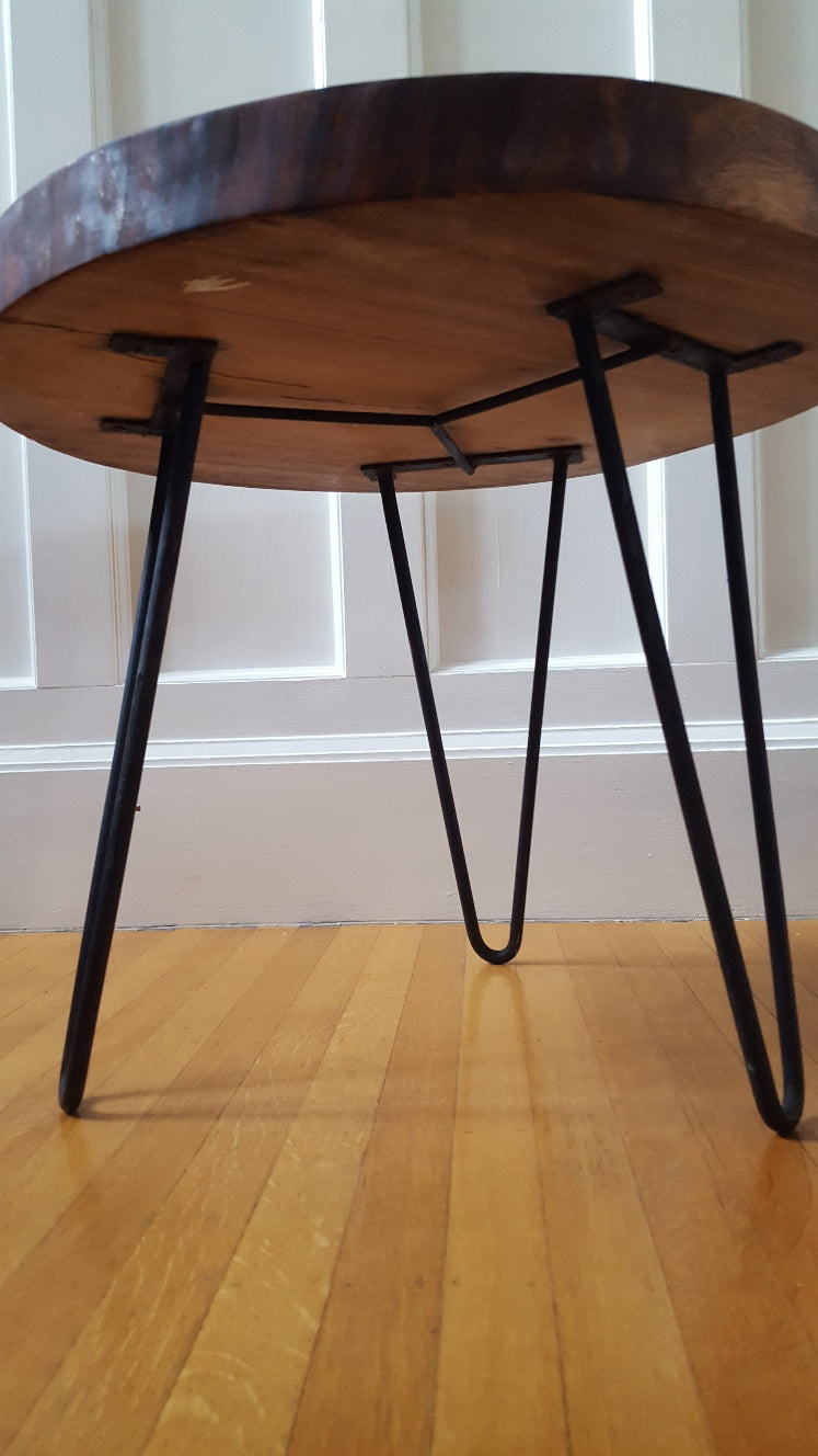 Base of round teak table with metal hair pin legs- Cook Street Vintage