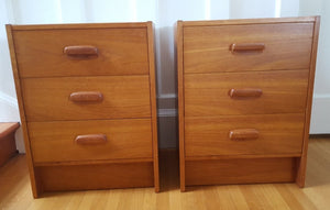 Front view of teak bedside tables with three drawers- Cook Street Vintage