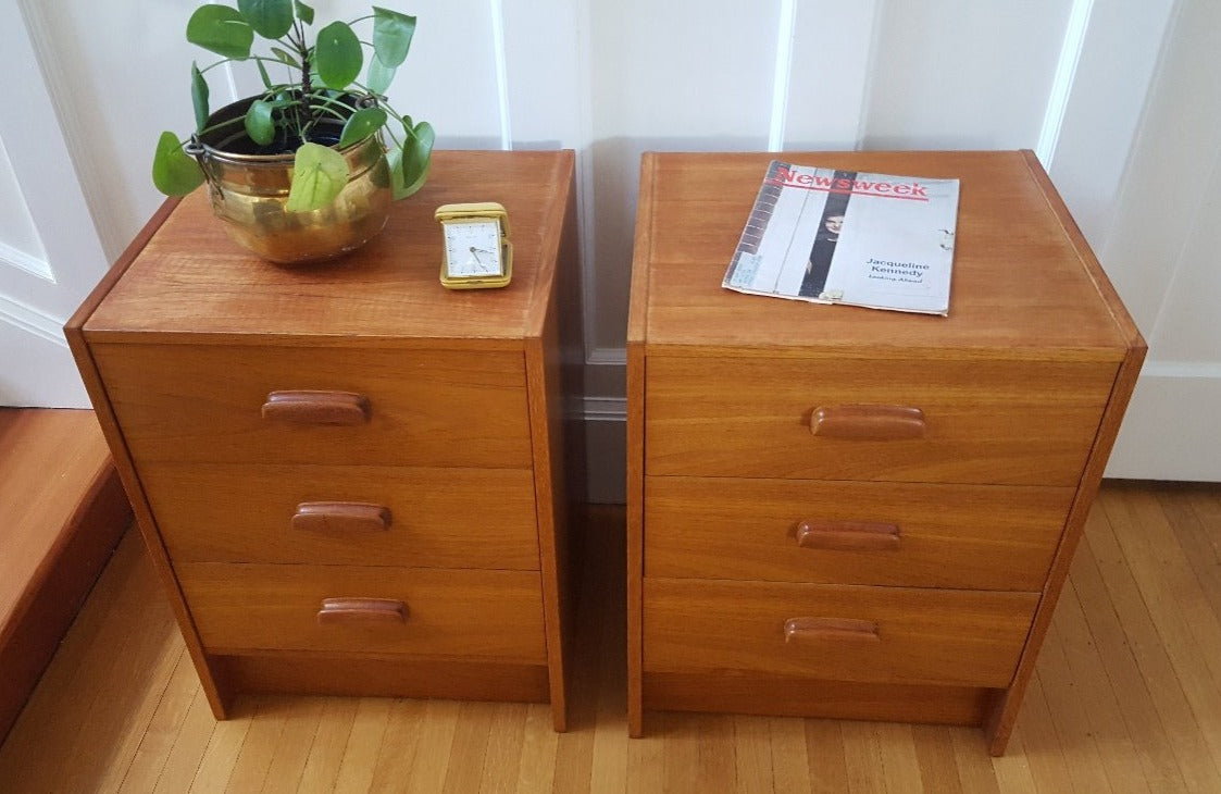 MCM teak bedside tables with three drawers and wood pulls- Cook Street VIVntage