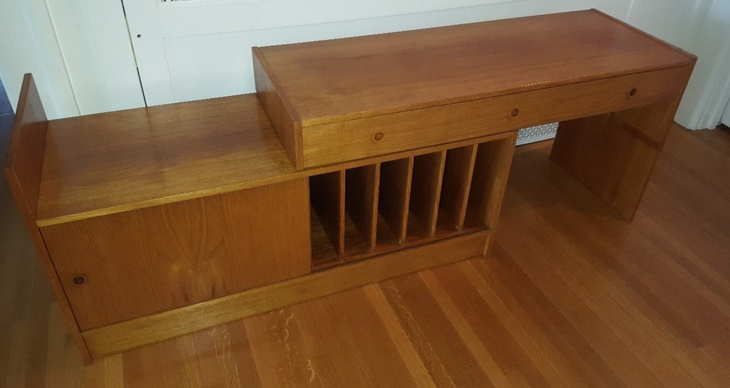 Two piece midcentury teak extendable entertainment unit with vinyl vertical shelves and sliding cabinet door- Cook Street Vintage