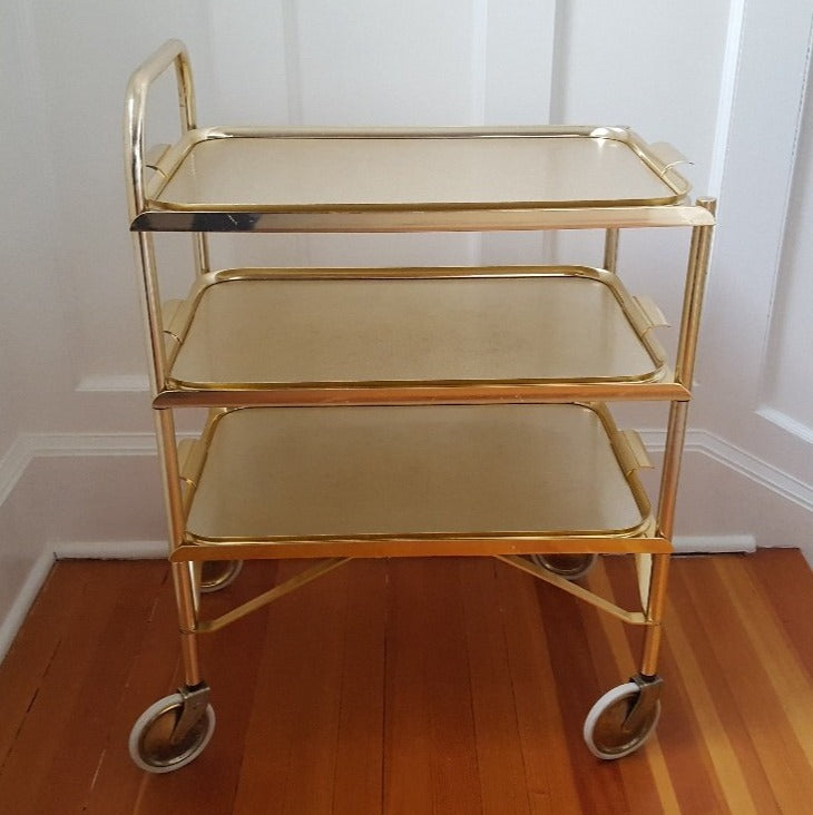 Midcentury Three Level Folding Gold Tea Trolley- Cook Street Vintage