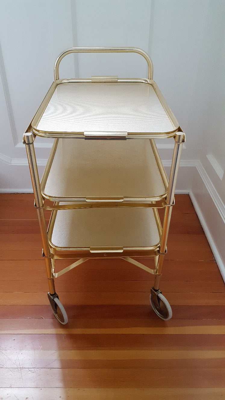 Midcentury Three Level Folding Gold Tea Trolley- Cook Street Vintage