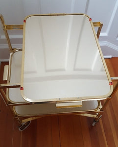 Midcentury Three Level Folding Gold Tea Trolley bottom of tray with table protectors- Cook Street Vintage