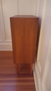 Retro Vintage Teak Cocktail Bar Cabinet features a mirror, glass shelf, and drawer space- Cook Street Vintage