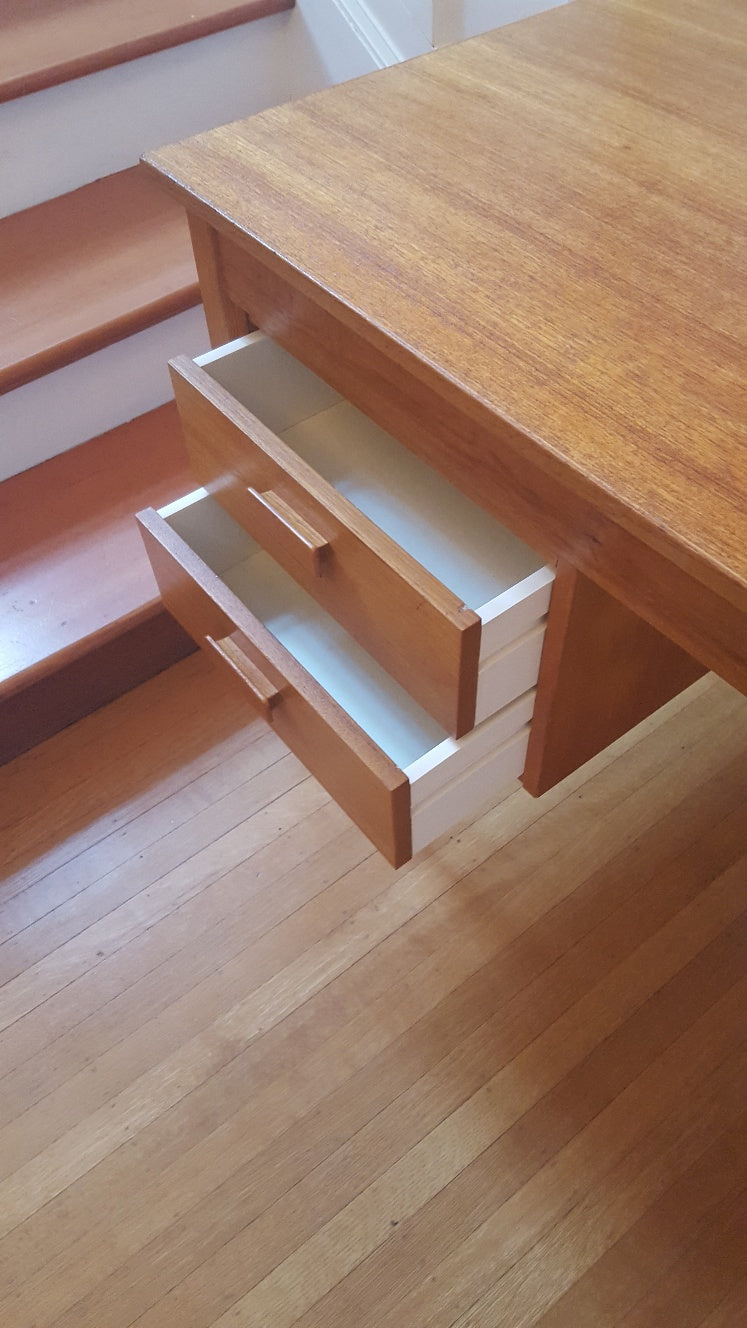 Open drawers of Small Danish Teak Desk- Cook Street Vintage