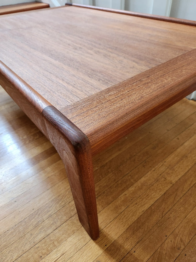 leg detail of Beautiful MCM teak coffee table. Designed by Svend madsen for Karl Lindegaard. Made in Denmark -Cook Street Vintage