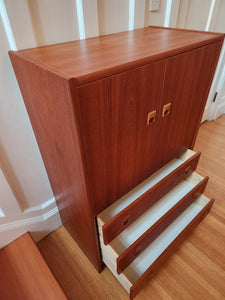 Teak cabinet with two doors and three open drawers with white interior- Cook Street Vintage