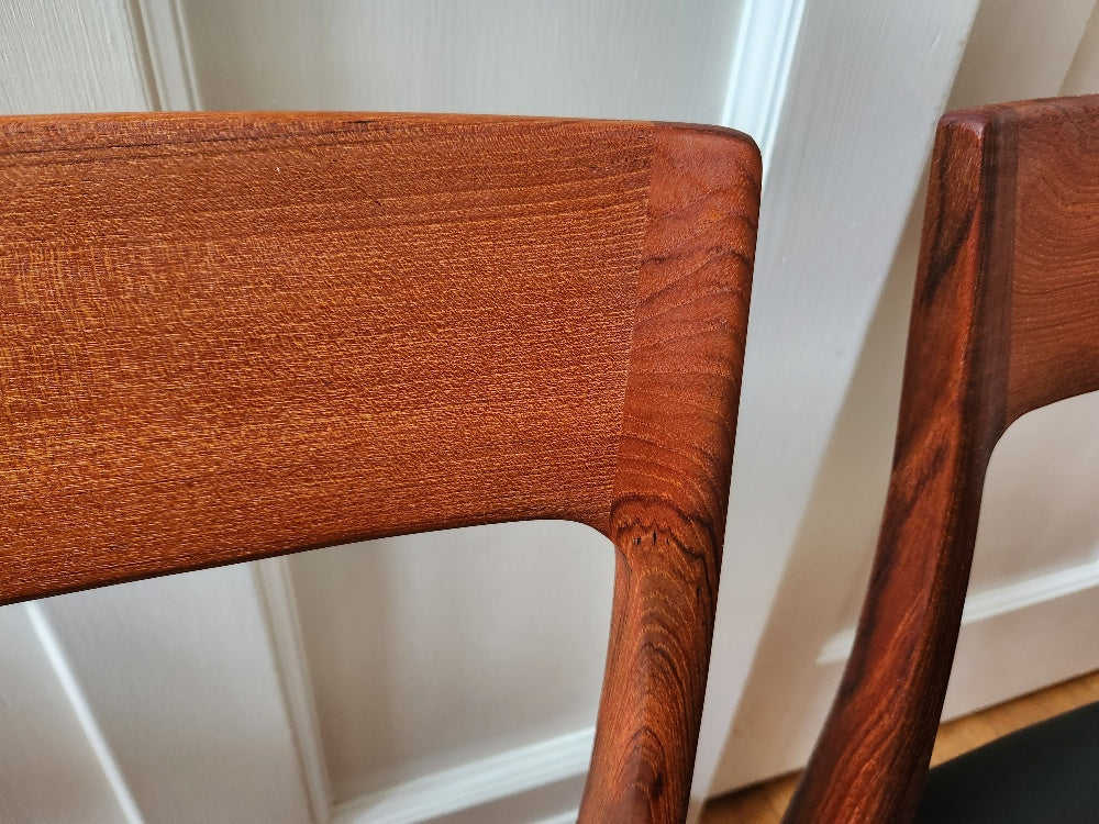 Detail of back on Gorgeous MCM teak dining chairs with new black vinyl seats. Made in Sweden by Svegards Markaryd- Cook Street Vintage