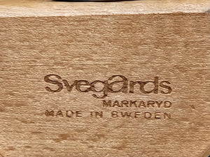Stamp on bottom of Gorgeous MCM teak dining chairs with new black vinyl seats. Made in Sweden by Svegards Markaryd- Cook Street Vintage