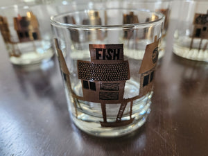 Set of 2 Fish Market Lowball/ Whiskey Glass by Couroc