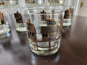 Gorgeous mid-century whiskey low ball glasses with Monterey Fish market theme. by Couroc of Monterey. A nice set with our Monterey Fish Market bartender's tray- Cook Street Vintage