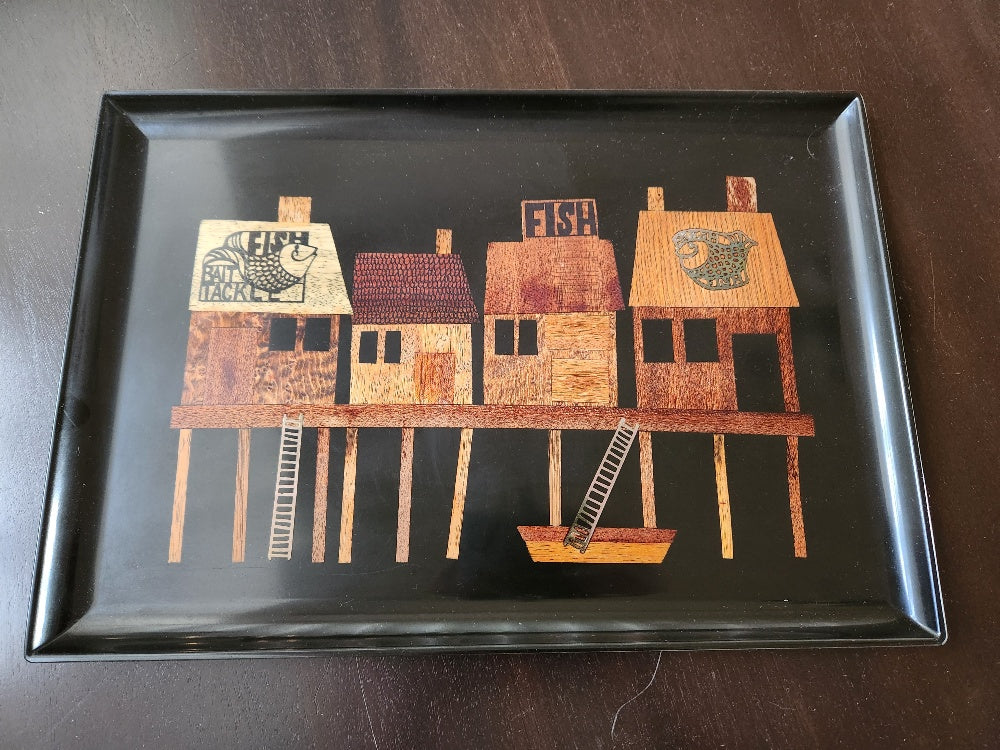 Fabulous decorative tray of Monterey fish market. Made in the USA by Couroc-Cook Street Vintage