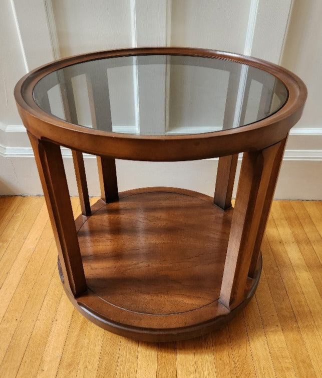 Round Walnut and Smoked Glass End Table- Cook Street Vintage