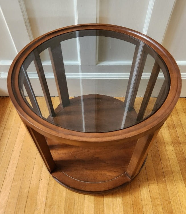 Round Walnut and Smoked Glass End Table- Cook Street Vintage