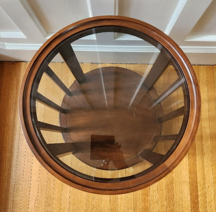 Round Walnut and Smoked Glass End Table- Cook Street Vintage