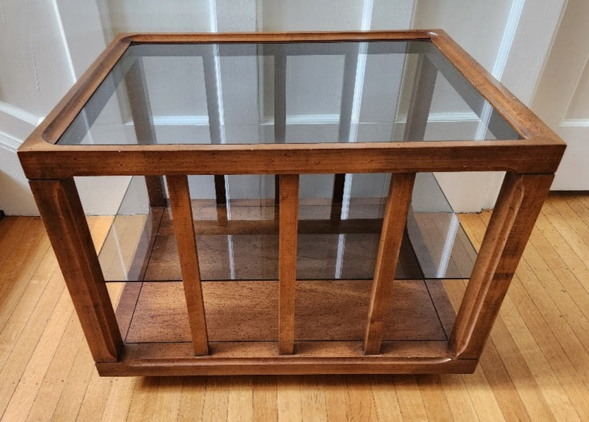 Rectangle Deilcraft Walnut and Smoked Glass End Table with glass shelf- Cook Street Vintage