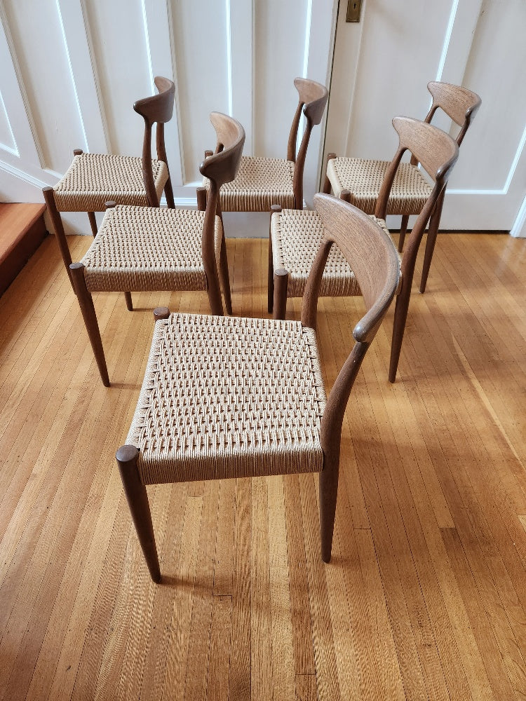 Side view of 6 Teak Dining Chairs by Arne Hovmand-Olsen for Mogens Kold- Cook Street Vintage