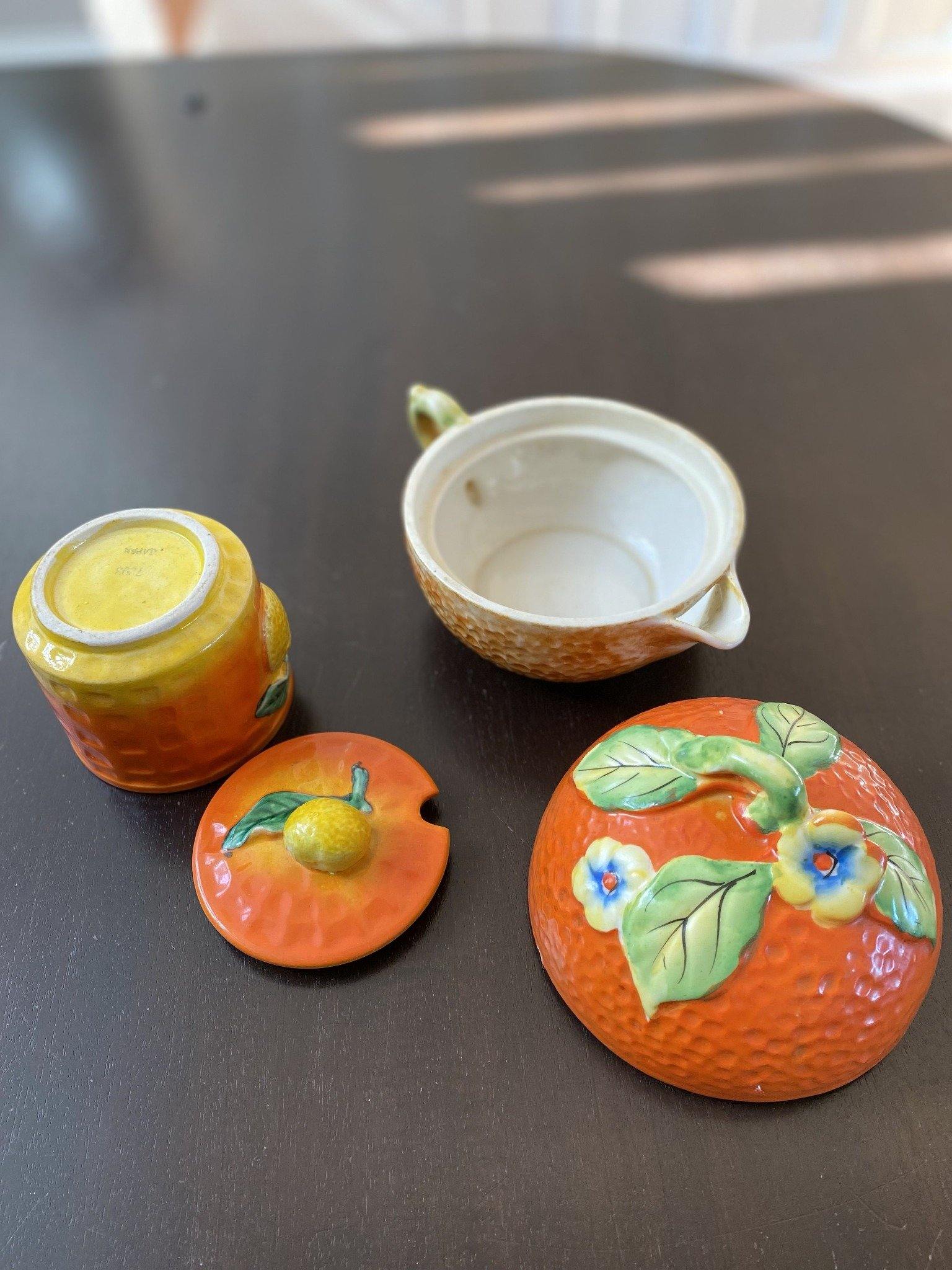 Vibrant orange jam and jelly pot with matching tea pot showing interior of tea pot-Cook Street Vintage