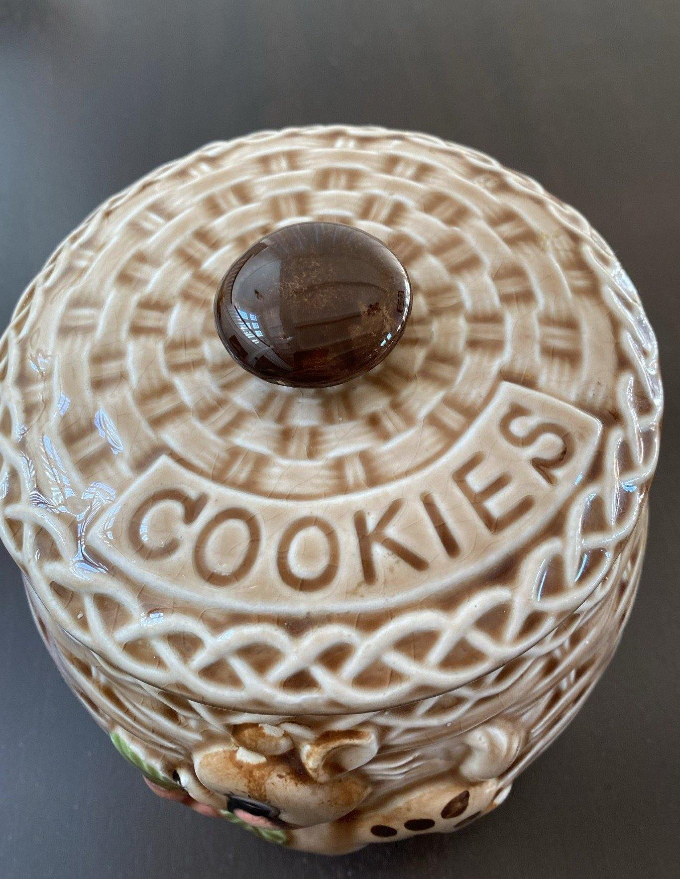 Top view of basket weave cookie jar that reads COOKIES- Cook Street Vintage
