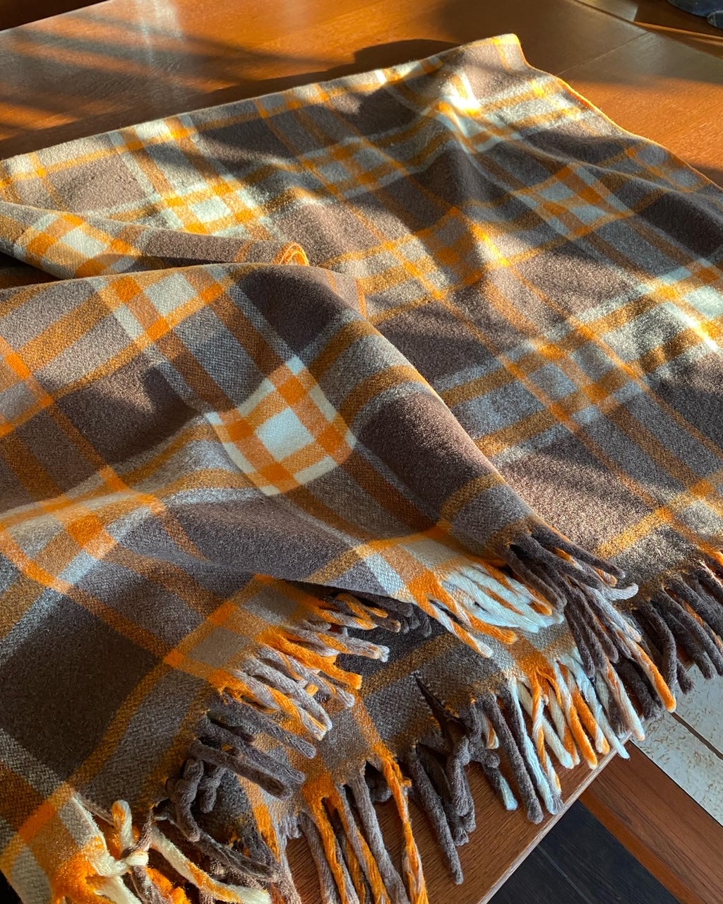 Beautiful tartan wool car blanket by Ayers in pumpkin orange and brown plaid-Cook Street Vintage