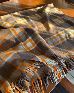 Beautiful tartan wool car blanket by Ayers in pumpkin orange and brown plaid-Cook Street Vintage