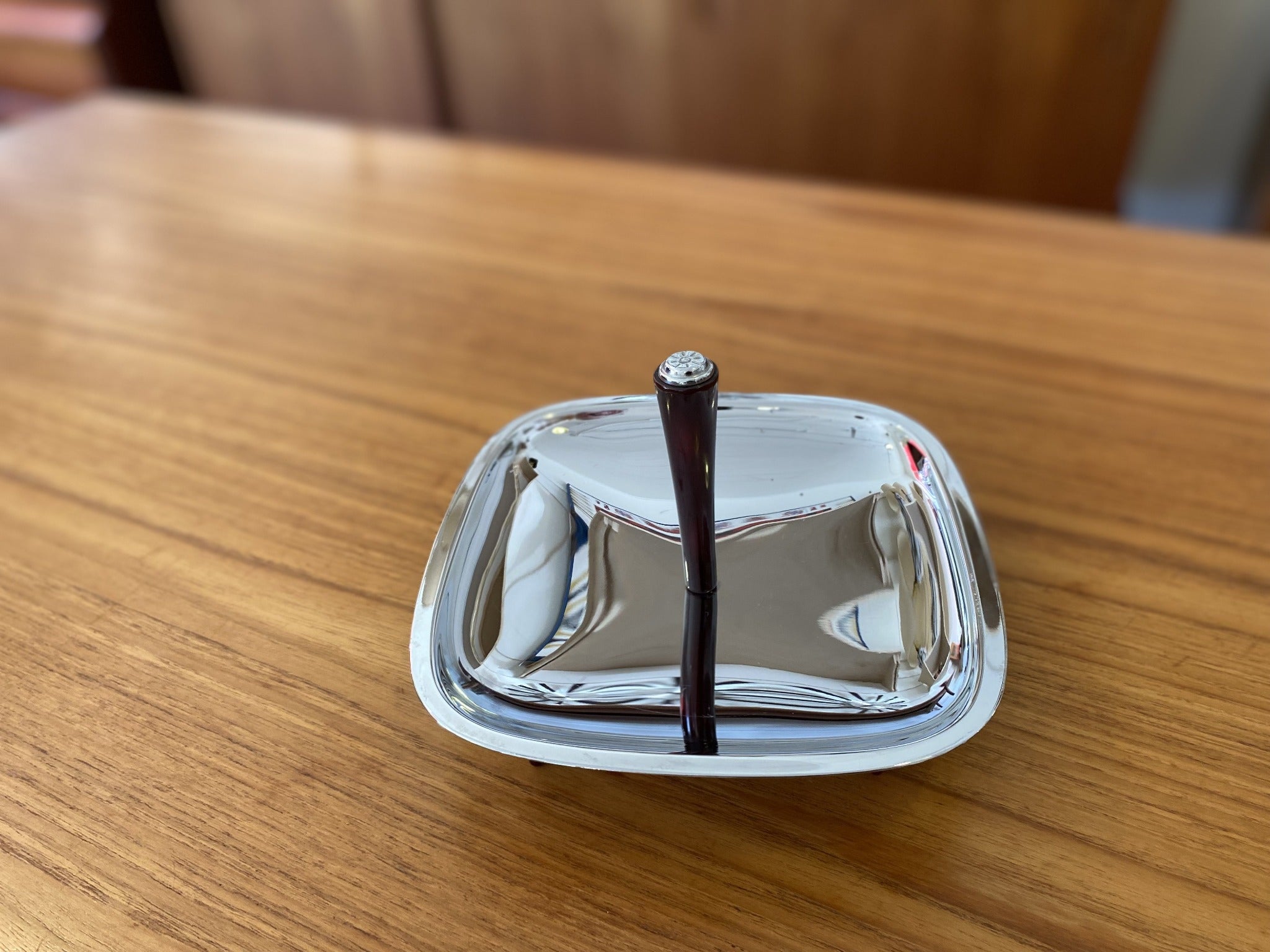 Top view of Gourmates Glo-Hill small stainless steel and bakelite serving dish- Cook Street Vintage