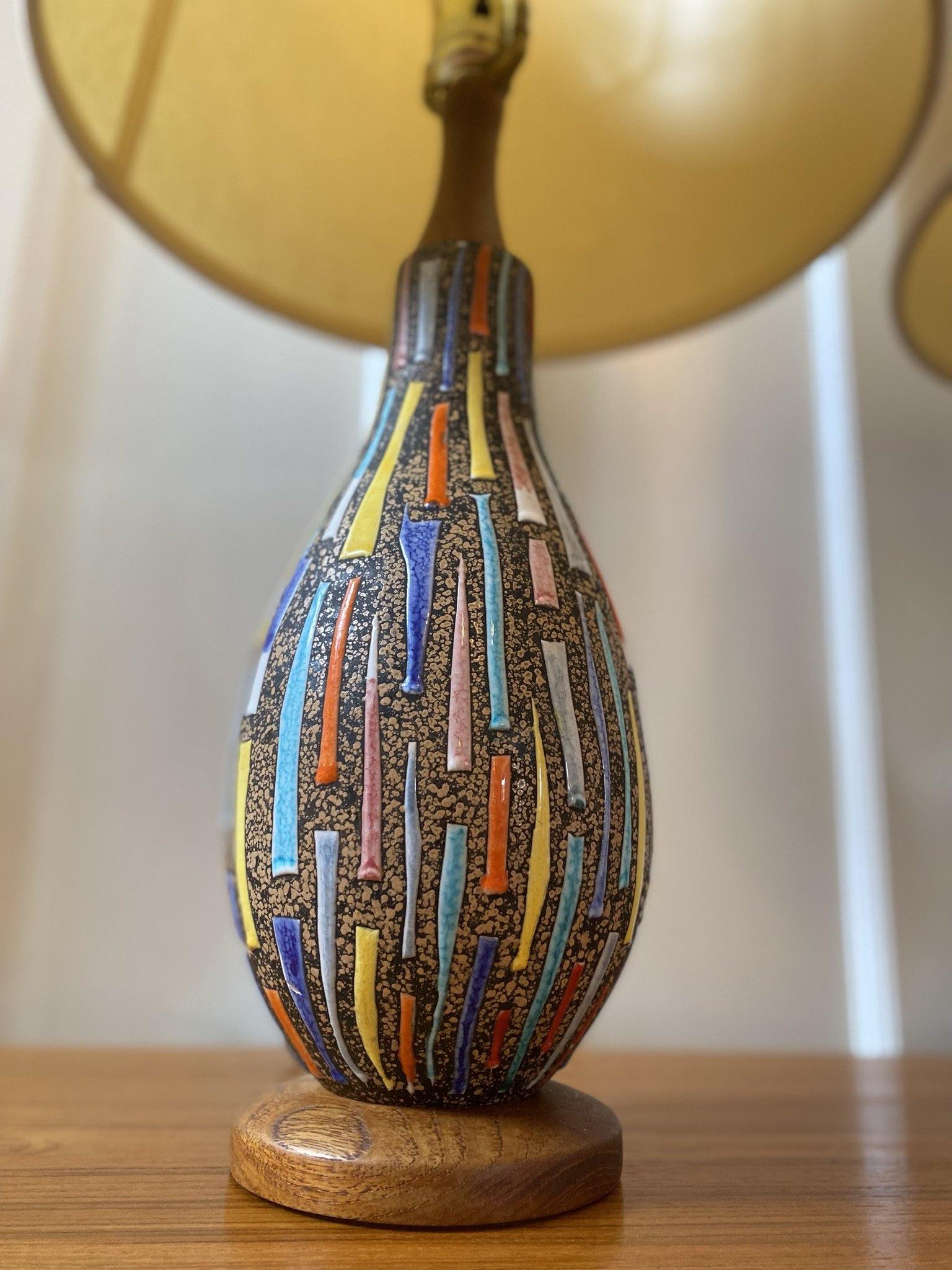 Close up of body of multicours on vintage lamp with wood base- Cook Street Vintage