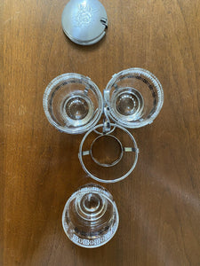 Birds eye view of glass condiment set with one dish on table- Cook Street Vintage