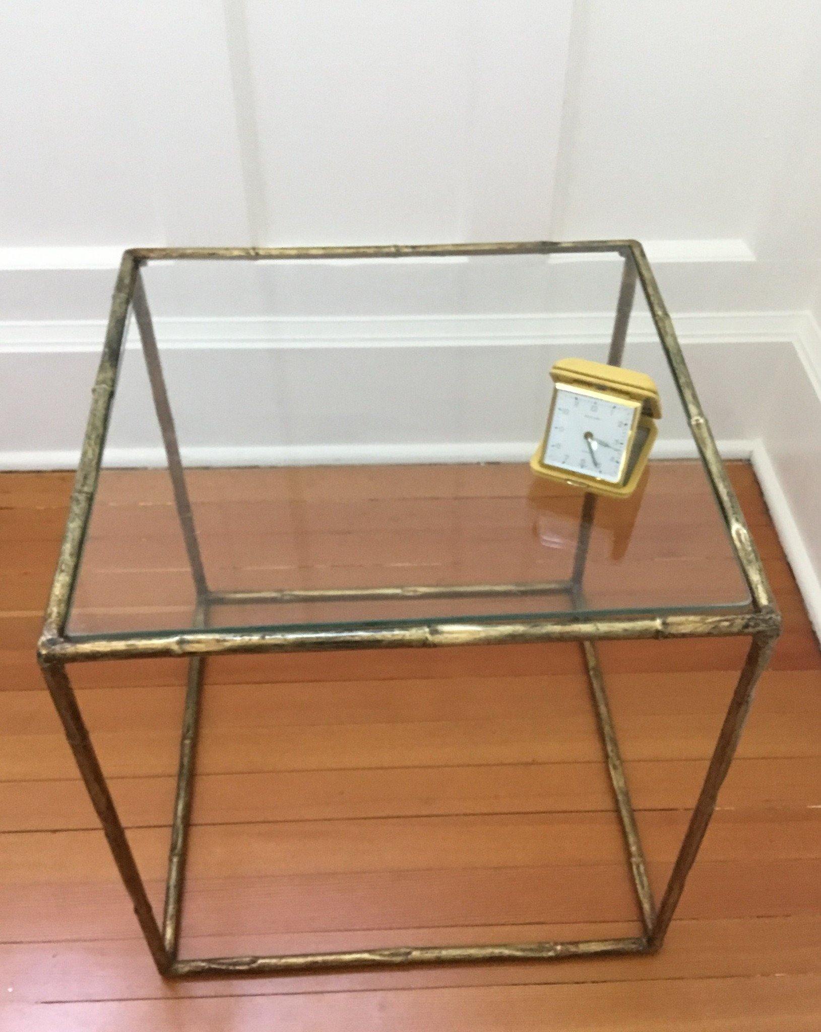 Gilt Bamboo Cube Side Tale with yellow alarm clock- Cook Street Vintage